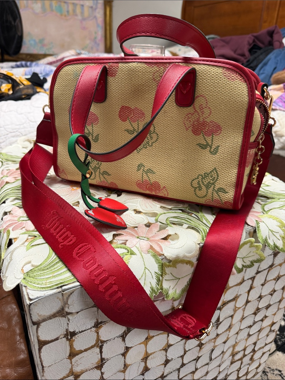 Juicy Couture Red Trim Cherry Print Canvas Crossbody Satchel